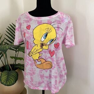Looney Tunes Womens Pink Tie Dye Tweety Bird Distressed NWT